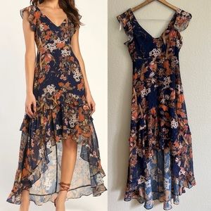 Stunning Favorite Navy Blue Floral Ruffled High-Low Maxi Dress